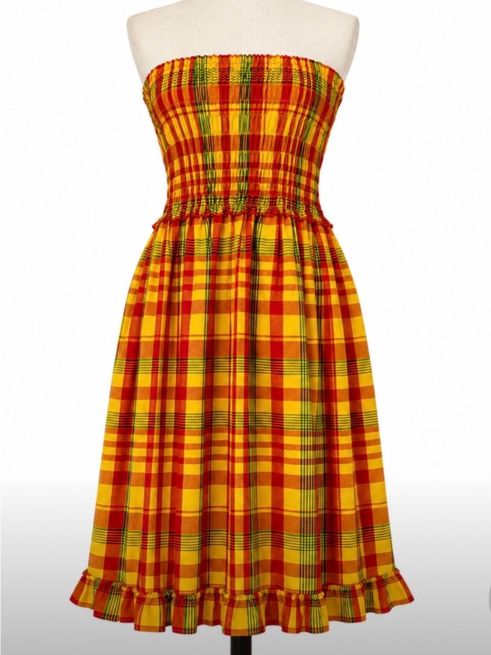 Western Summer Plaid Strapless Smocked Cotton Midi Dress Retro Festival Sundress